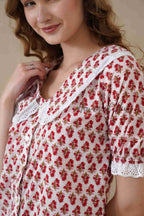 Women’s Red Floral Hand Block Printed Cotton Top with Lace Collar