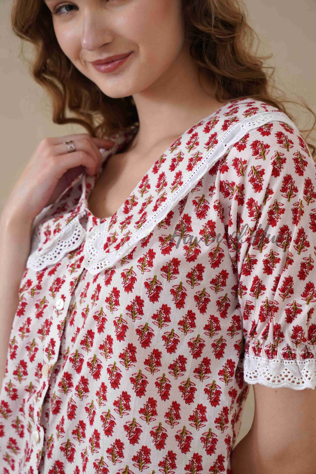 Women’s Red Floral Hand Block Printed Cotton Top with Lace Collar