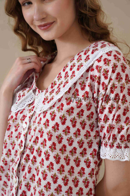 Women’s Red Floral Hand Block Printed Cotton Top with Lace Collar