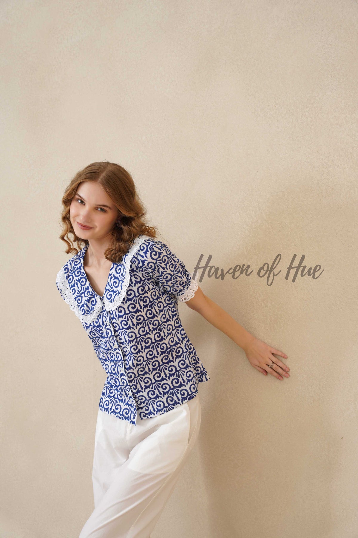 Women's Blue Floral Cotton Block Print Top with Lace Peter Pan Collar