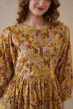 Yellow Floral Cotton Midi Dress with Long Sleeves