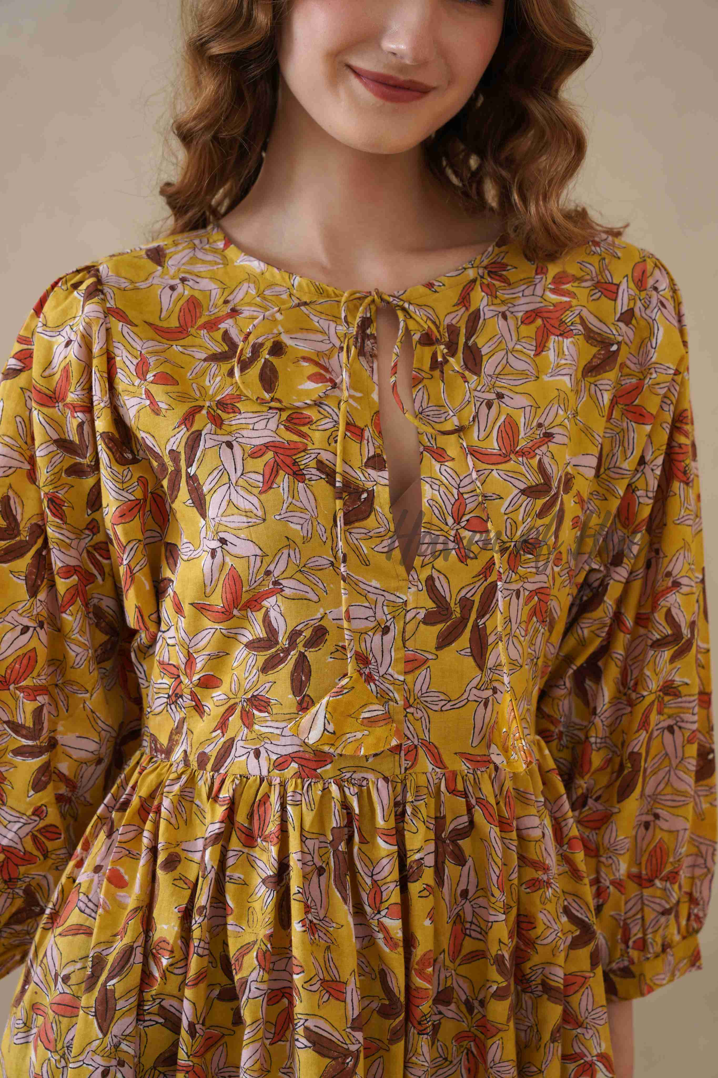 Yellow Floral Cotton Midi Dress with Long Sleeves