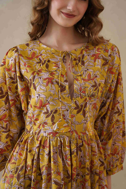 Yellow Floral Cotton Midi Dress with Long Sleeves