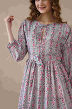 Pink Floral Cotton Midi Dress with Long Sleeves