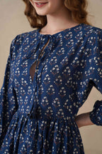 Blue Floral Cotton Midi Dress with Long Sleeves