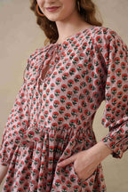 Red Floral Cotton Midi Dress with Long Sleeves
