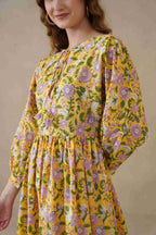 Yellow Cotton Tiered Dress Boho Floral Midi Style