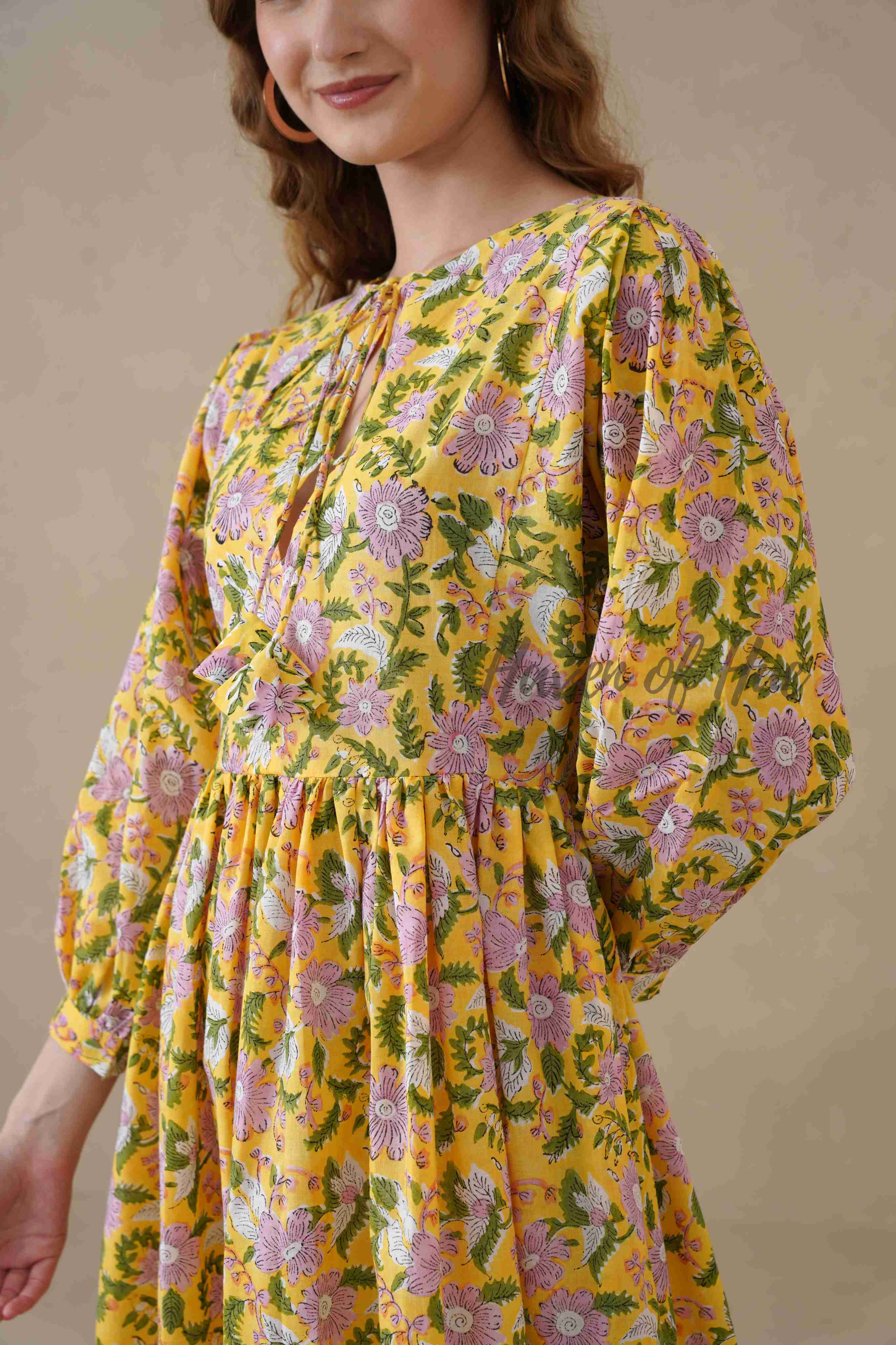 Yellow Cotton Tiered Dress Boho Floral Midi Style