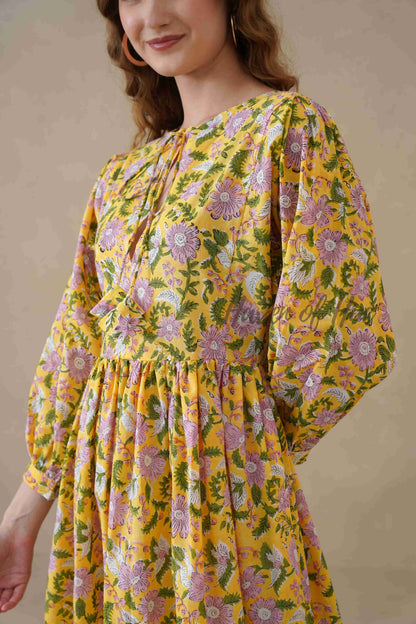 Yellow Cotton Tiered Dress Boho Floral Midi Style