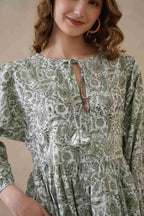 Green Cotton Tiered Dress – Boho Floral Short Sleeve Midi
