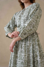 Green Cotton Tiered Dress – Boho Floral Short Sleeve Midi