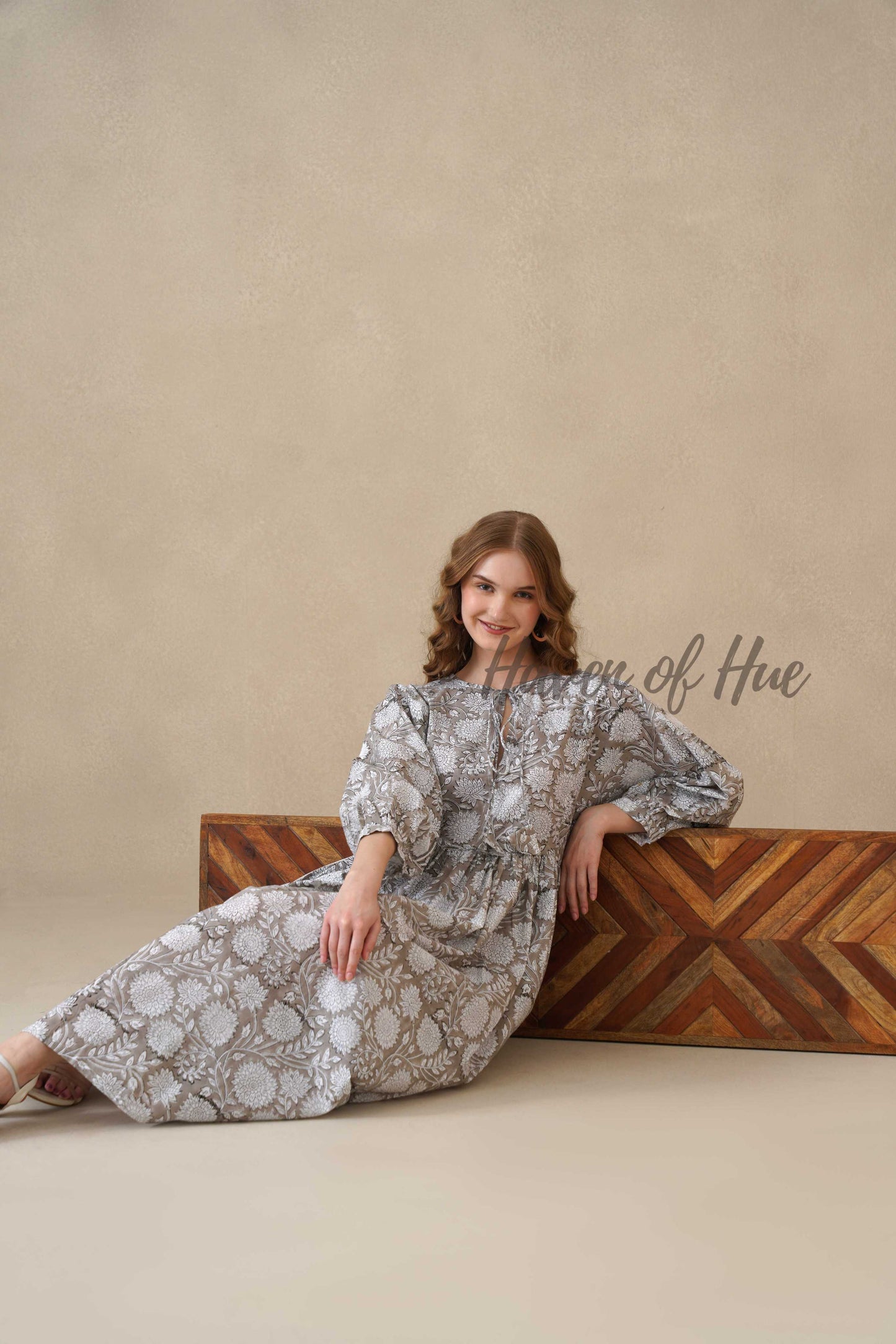 Grey Cotton Tiered Dress – Boho Floral Short Sleeve Midi