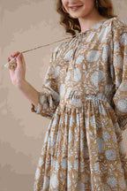 Brown Cotton Tiered Dress – Boho Floral Short Sleeve Midi