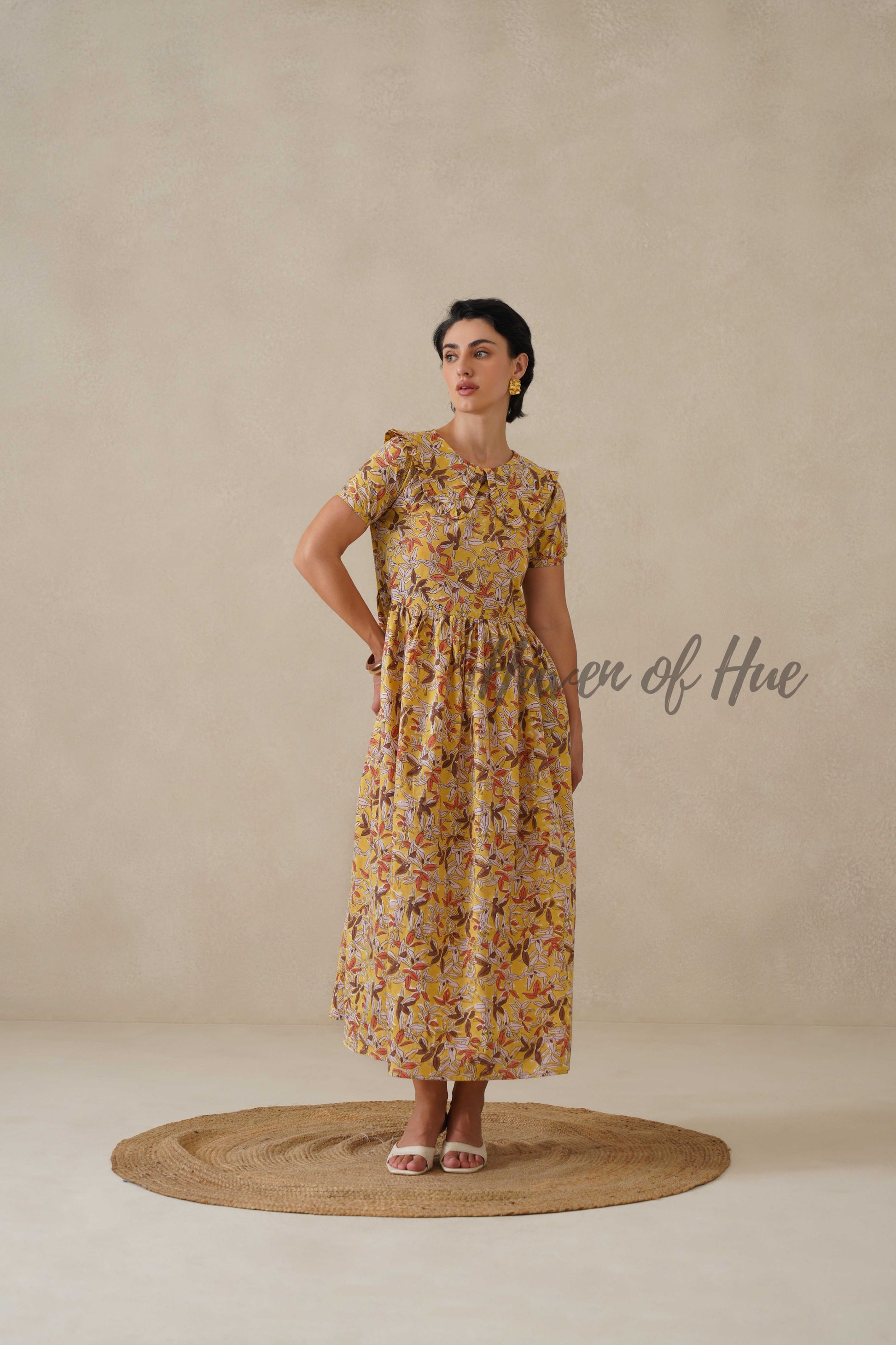 Yellow Floral Cotton Dress | Vintage Ruffle Collar Midi Dress | Boho Summer Short Sleeve Relaxed Fit Smock Dress