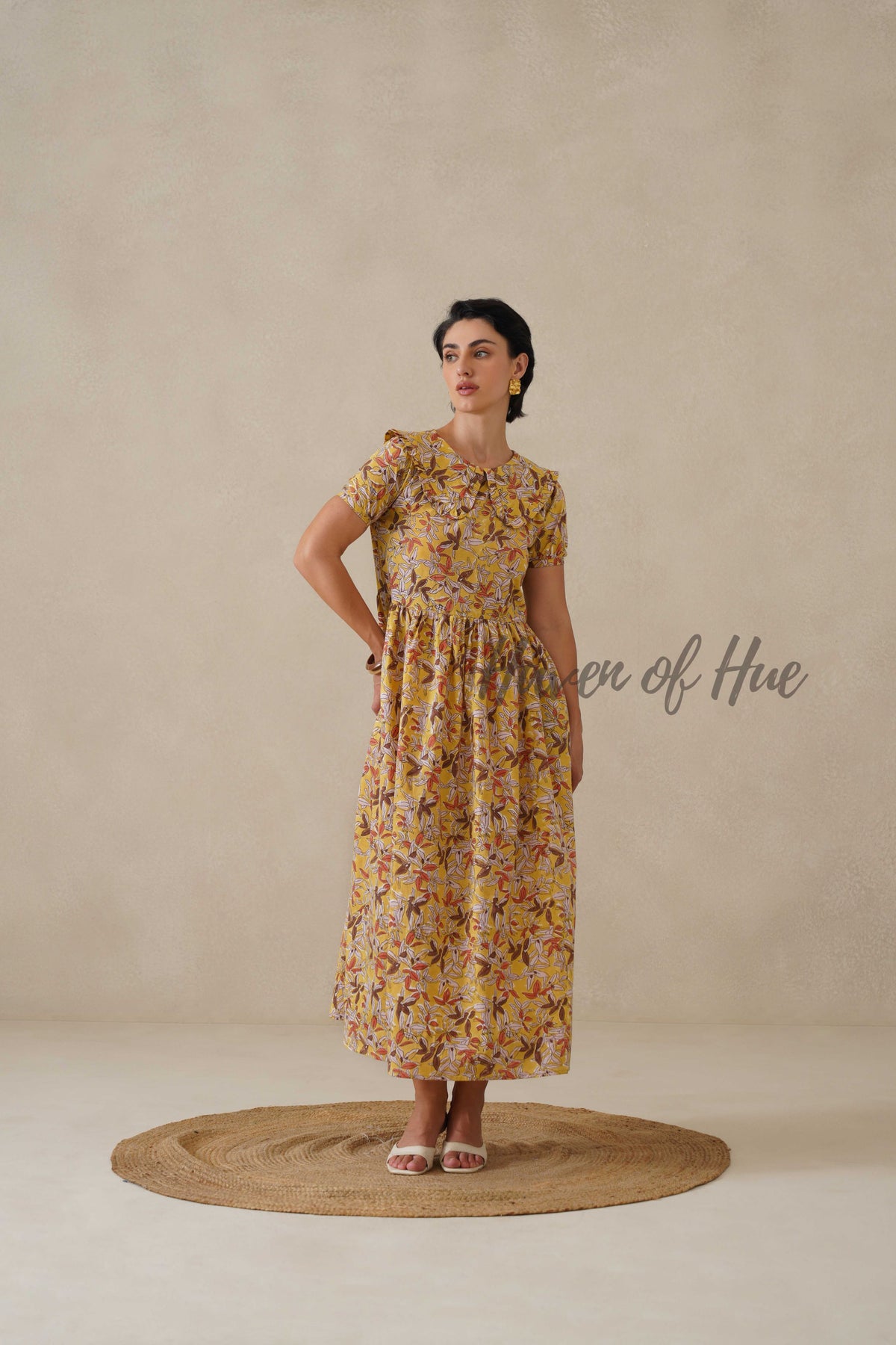 Yellow Floral Cotton Dress | Vintage Ruffle Collar Midi Dress | Boho Summer Short Sleeve Relaxed Fit Smock Dress