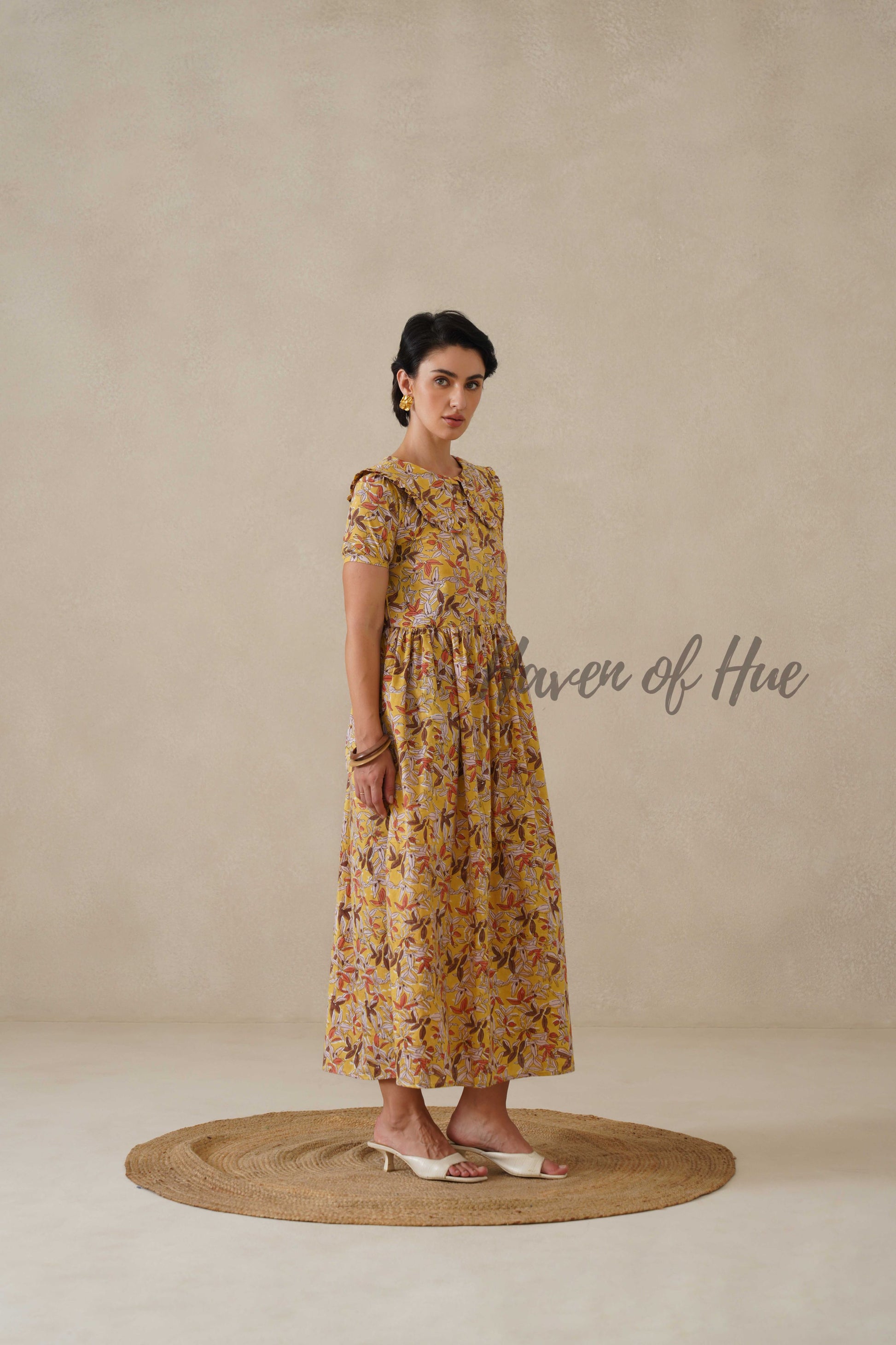 Yellow Floral Cotton Dress | Vintage Ruffle Collar Midi Dress | Boho Summer Short Sleeve Relaxed Fit Smock Dress