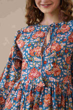 Multicolor Floral Cotton Tiered Dress – Short Sleeve Boho Midi