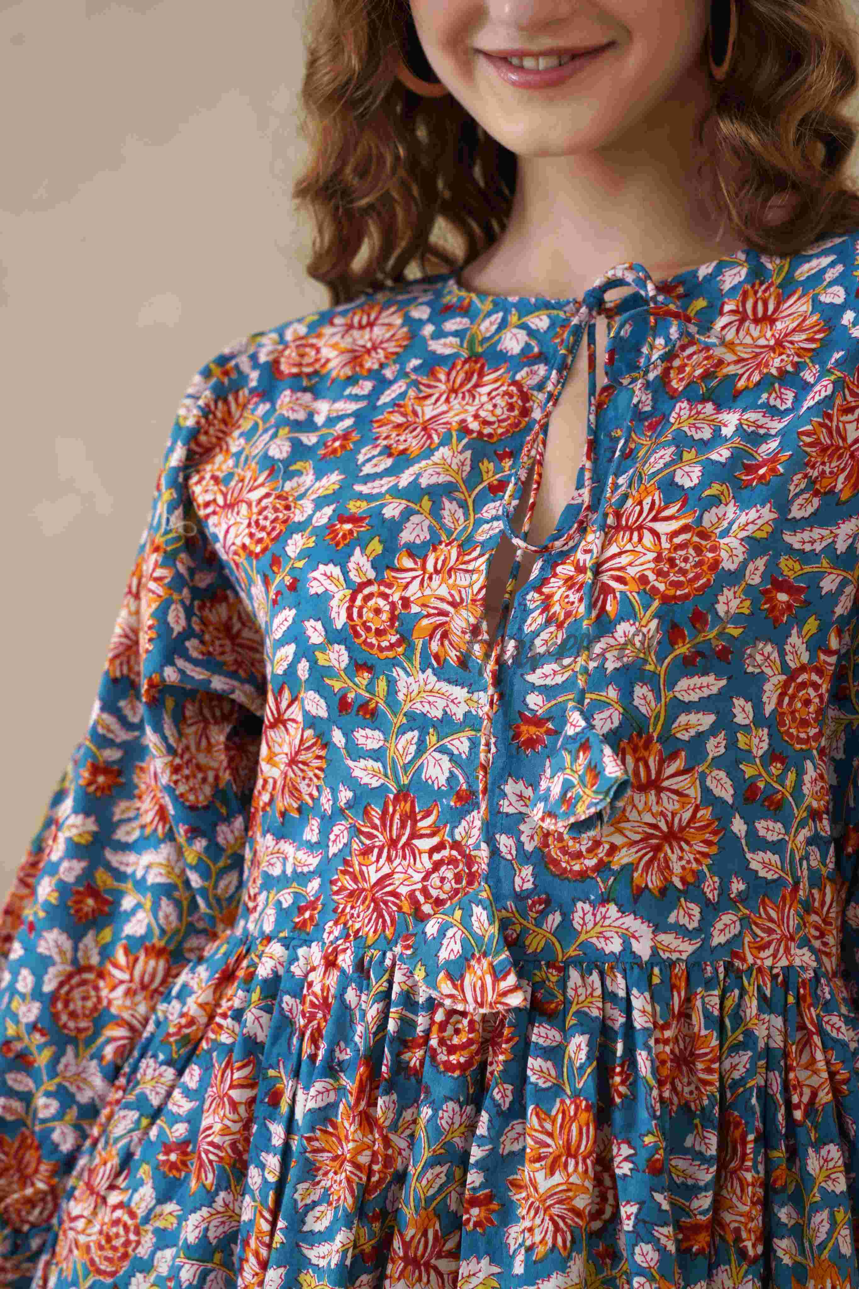 Multicolor Floral Cotton Tiered Dress – Short Sleeve Boho Midi