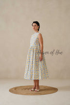 Geometric Pastel Cotton Dress | Sleeveless Boat Neck Midi Dress | Abstract Multi-Color Printed A-Line Summer Sundress