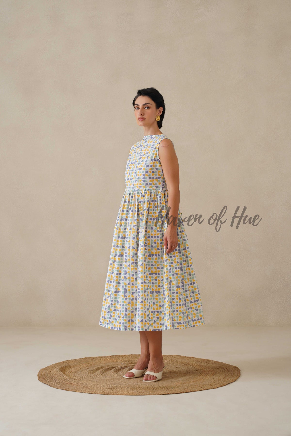 Geometric Pastel Cotton Dress | Sleeveless Boat Neck Midi Dress | Abstract Multi-Color Printed A-Line Summer Sundress