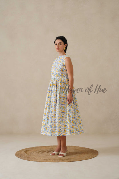 Geometric Pastel Cotton Dress | Sleeveless Boat Neck Midi Dress | Abstract Multi-Color Printed A-Line Summer Sundress