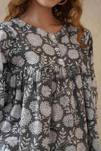 Women’s Gray Floral Hand Block Printed Cotton Boho Relaxed Top