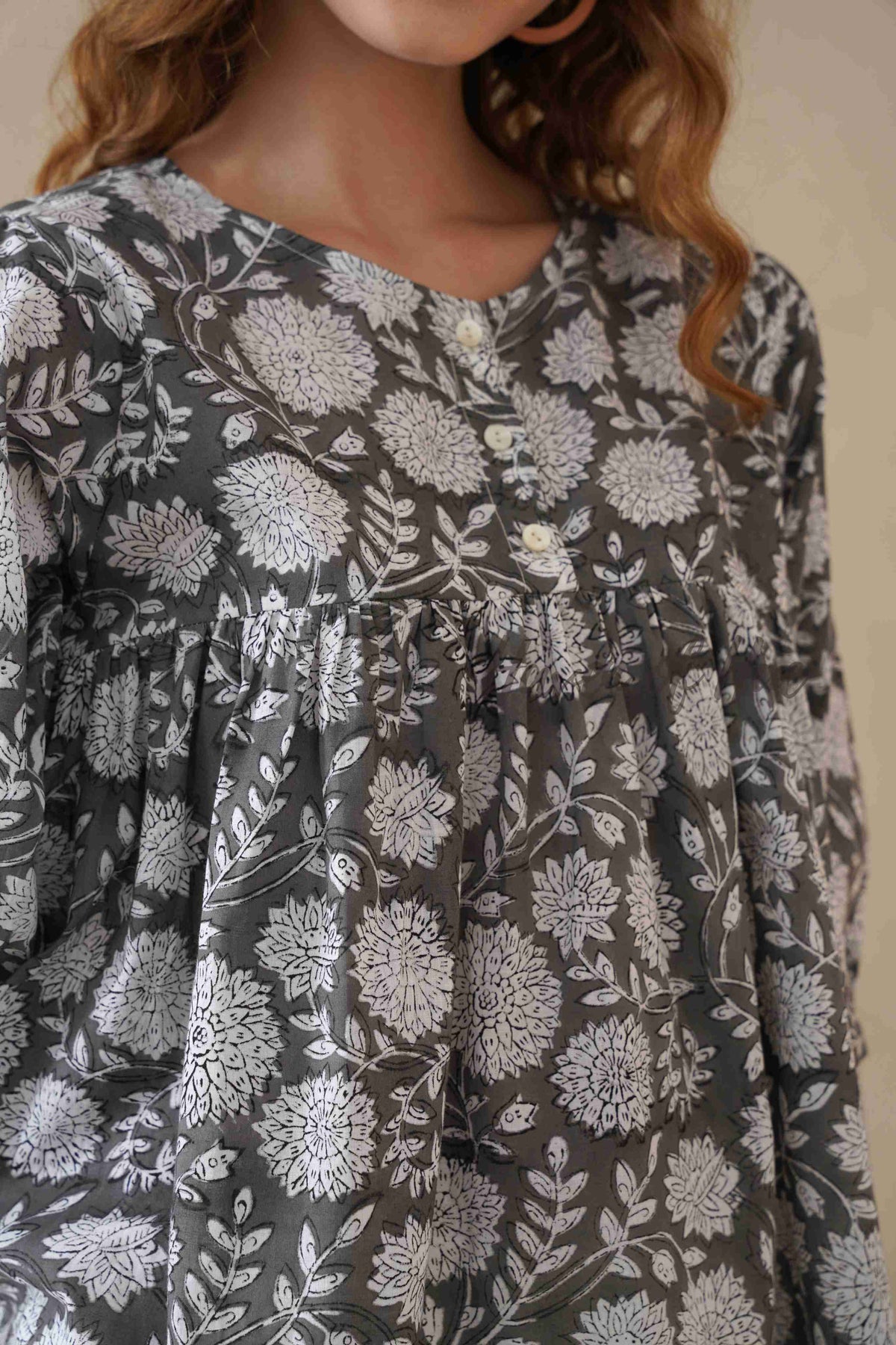 Women’s Gray Floral Hand Block Printed Cotton Boho Relaxed Top