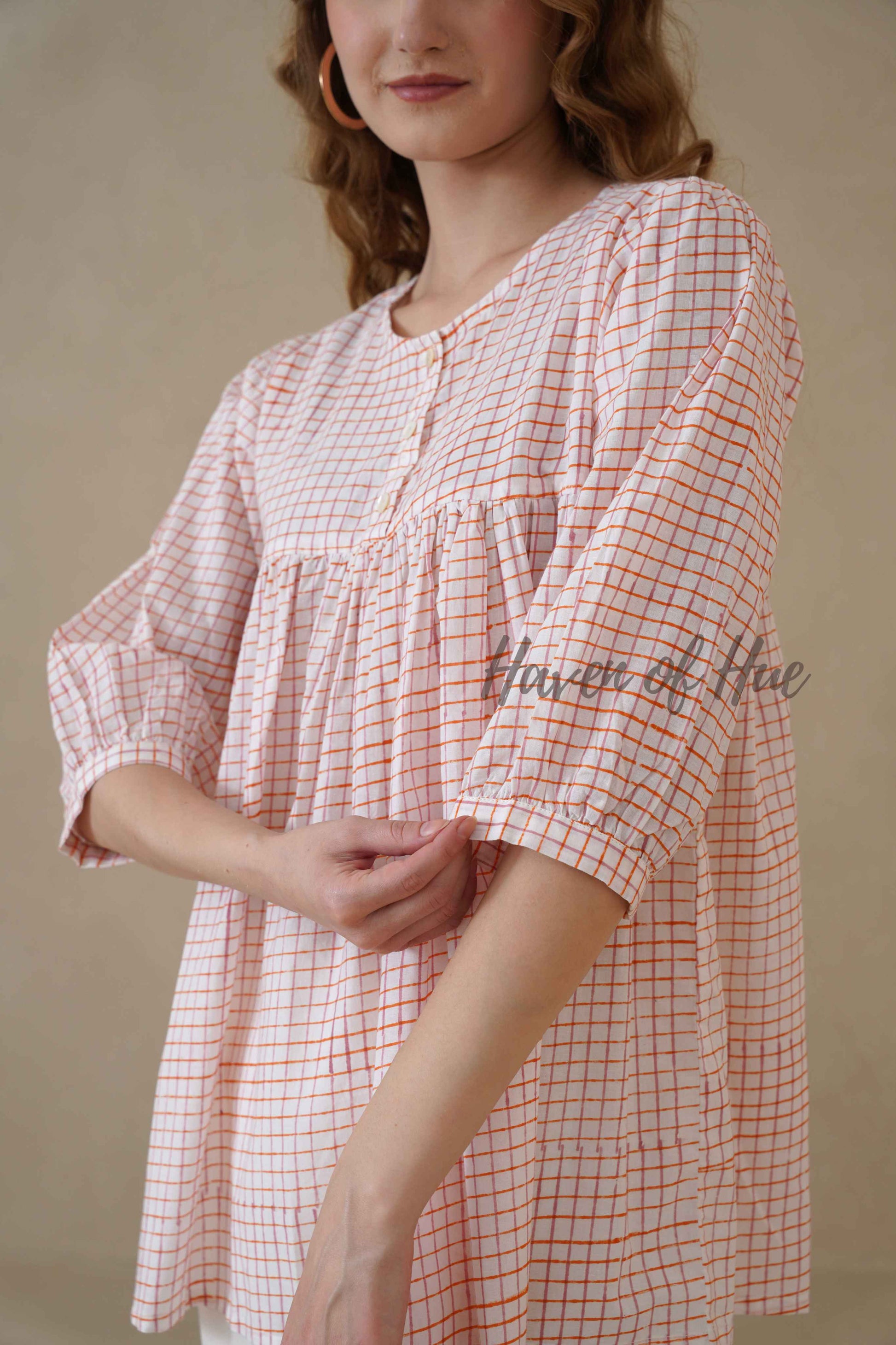Women’s Terracotta Orange Floral A-Line Blouse | Hand Block Printed Button-Yoke Tuni