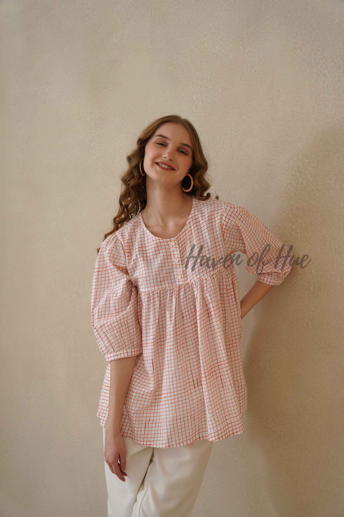 Women’s Terracotta Orange Floral A-Line Blouse | Hand Block Printed Button-Yoke Tuni