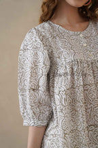 Women’s Gray Floral Hand Block Printed Cotton A-Line Boho Blouse