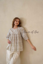 Women’s Gray Floral Hand Block Printed Cotton A-Line Boho Blouse