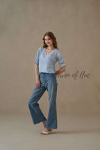Women’s Blue and White Striped Cotton Wrap Top with Puff Sleeves