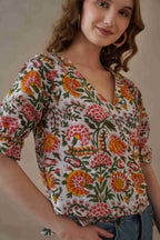 Women’s Multicolor Floral Cotton Wrap Blouse with Adjustable Tie Waist