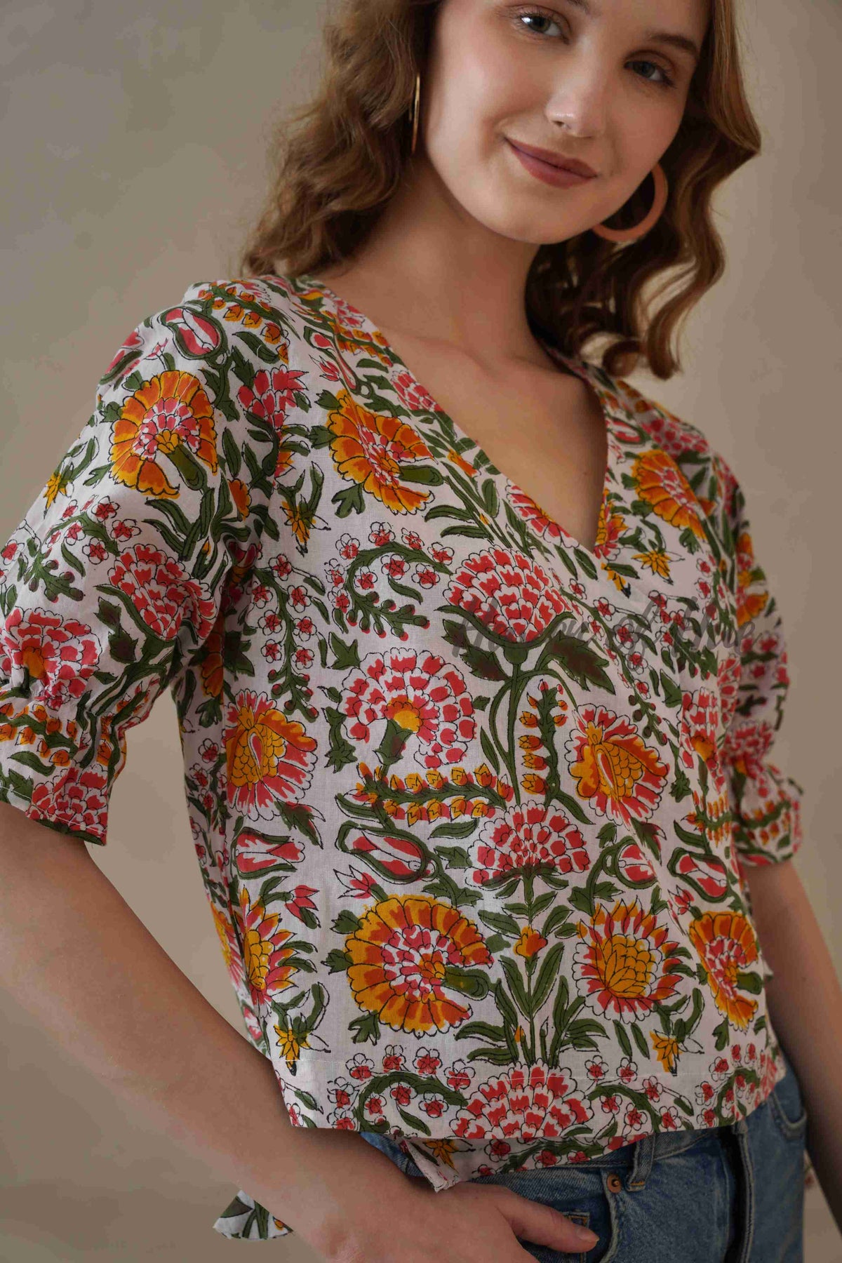 Women’s Multicolor Floral Cotton Wrap Blouse with Adjustable Tie Waist