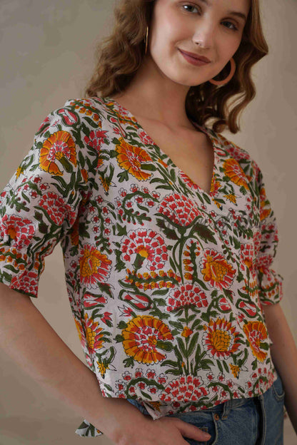 Women’s Multicolor Floral Cotton Wrap Blouse with Adjustable Tie Waist