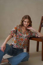 Women’s Multicolor Floral Cotton Wrap Blouse with Adjustable Tie Waist