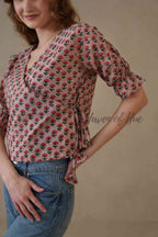Organic Red Floral Cotton Wrap Top with Adjustable Tie Waist