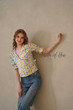 Women’s Multi-Color Block Printed Cotton Wrap Blouse with Tie Waist