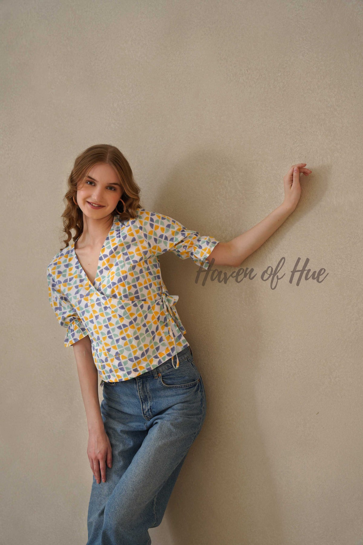 Women’s Multi-Color Block Printed Cotton Wrap Blouse with Tie Waist