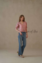 Women’s Pastel Pink Floral Cotton Wrap Blouse | Hand Block Printed Tie-Waist Top