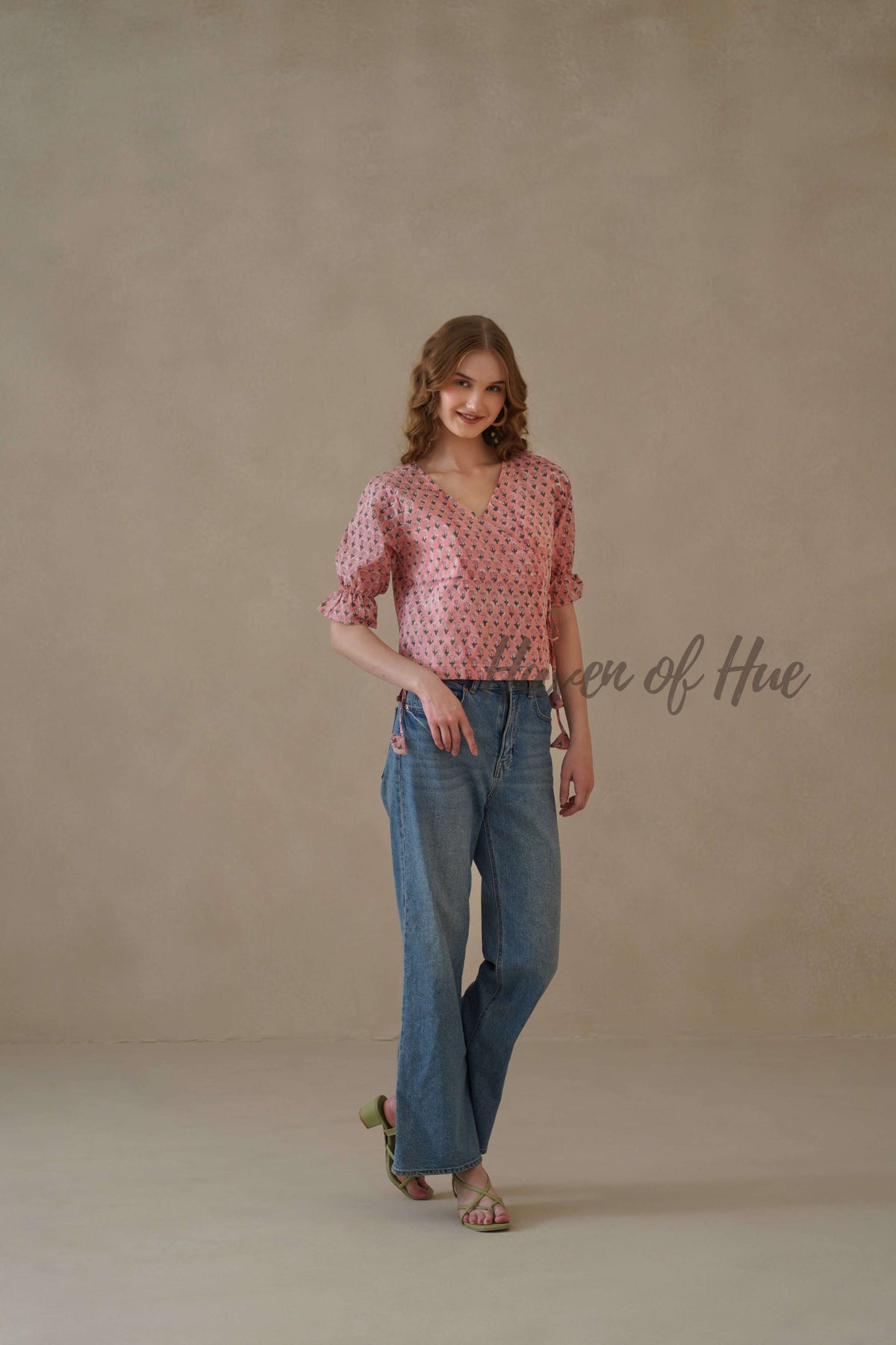 Women’s Pastel Pink Floral Cotton Wrap Blouse | Hand Block Printed Tie-Waist Top