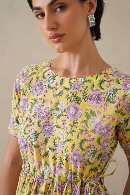 Yellow Floral Cotton Midi Dress - Boho Cottagecore Summer Dress