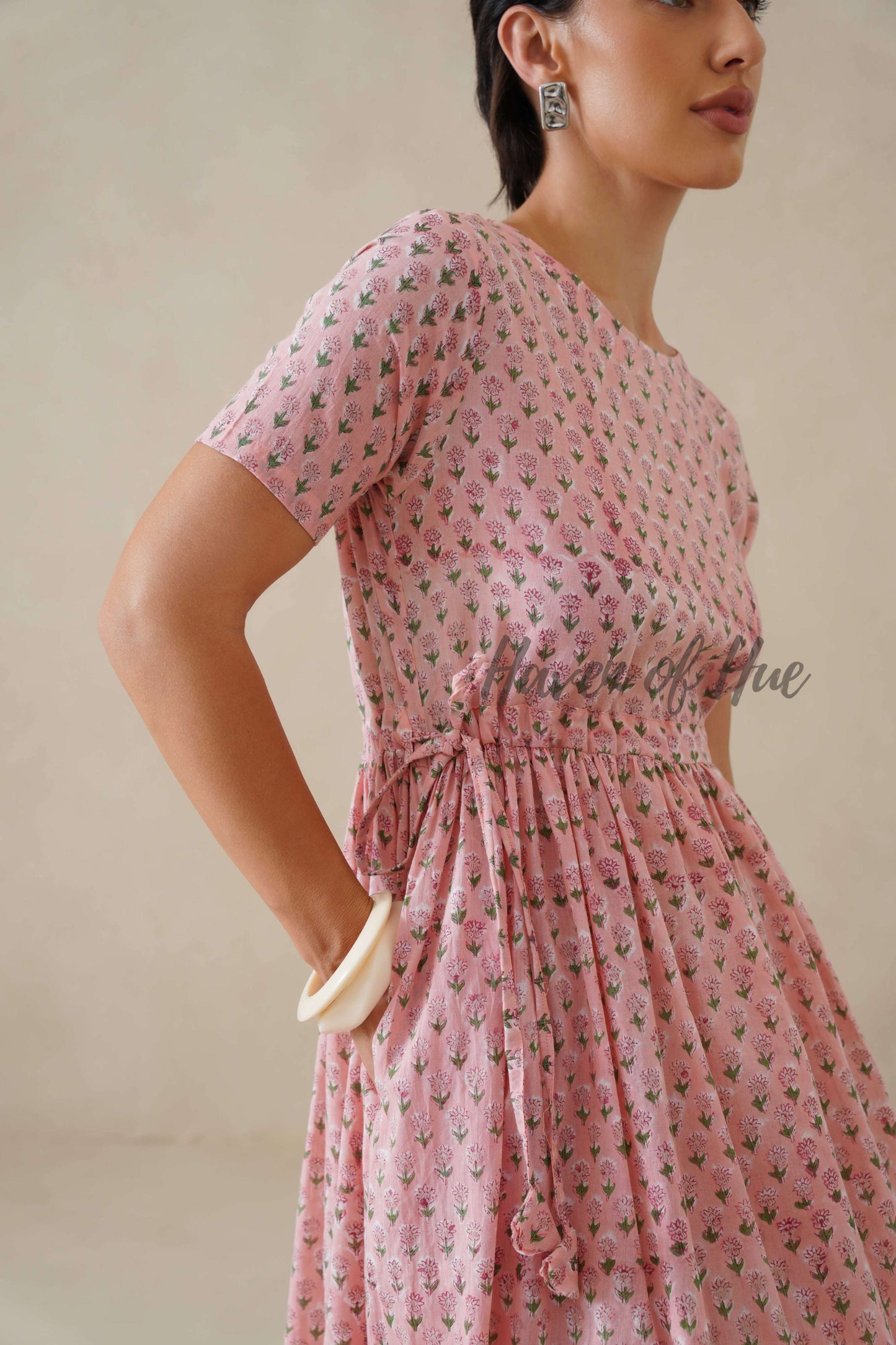 Blush Pink Floral Cotton Midi Dress - Boho Cottagecore Summer Dress