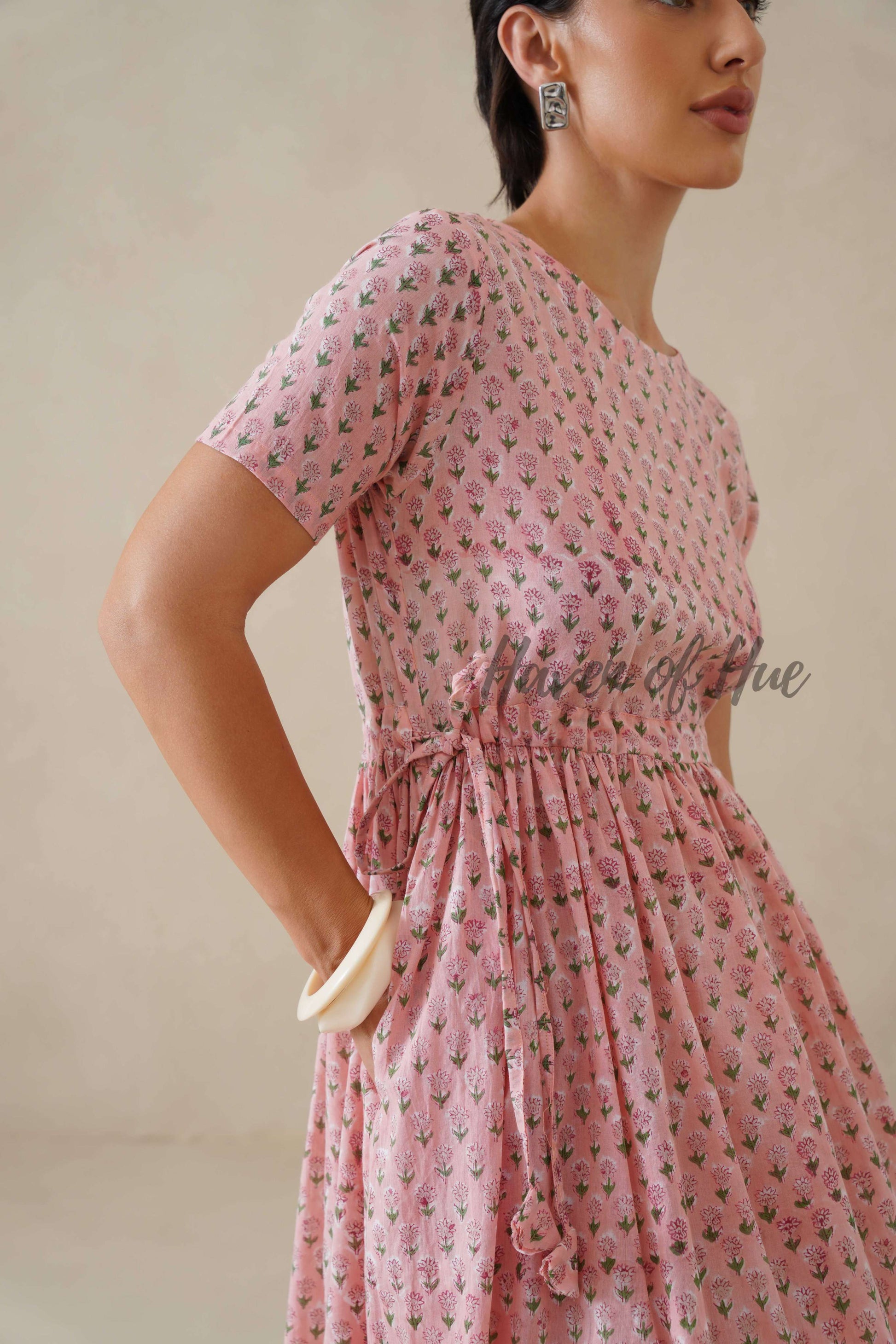 Blush Pink Floral Cotton Midi Dress - Boho Cottagecore Summer Dress