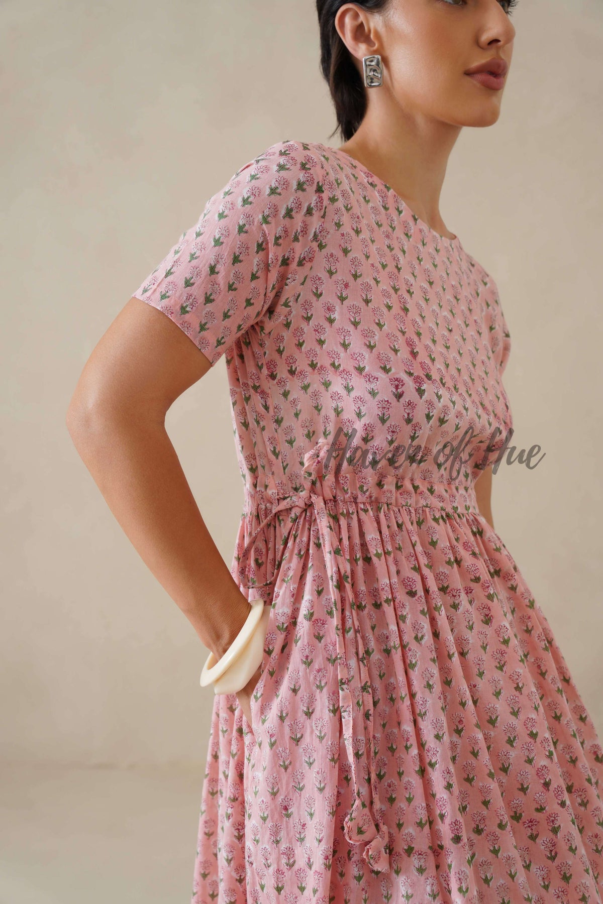 Blush Pink Floral Cotton Midi Dress - Boho Cottagecore Summer Dress