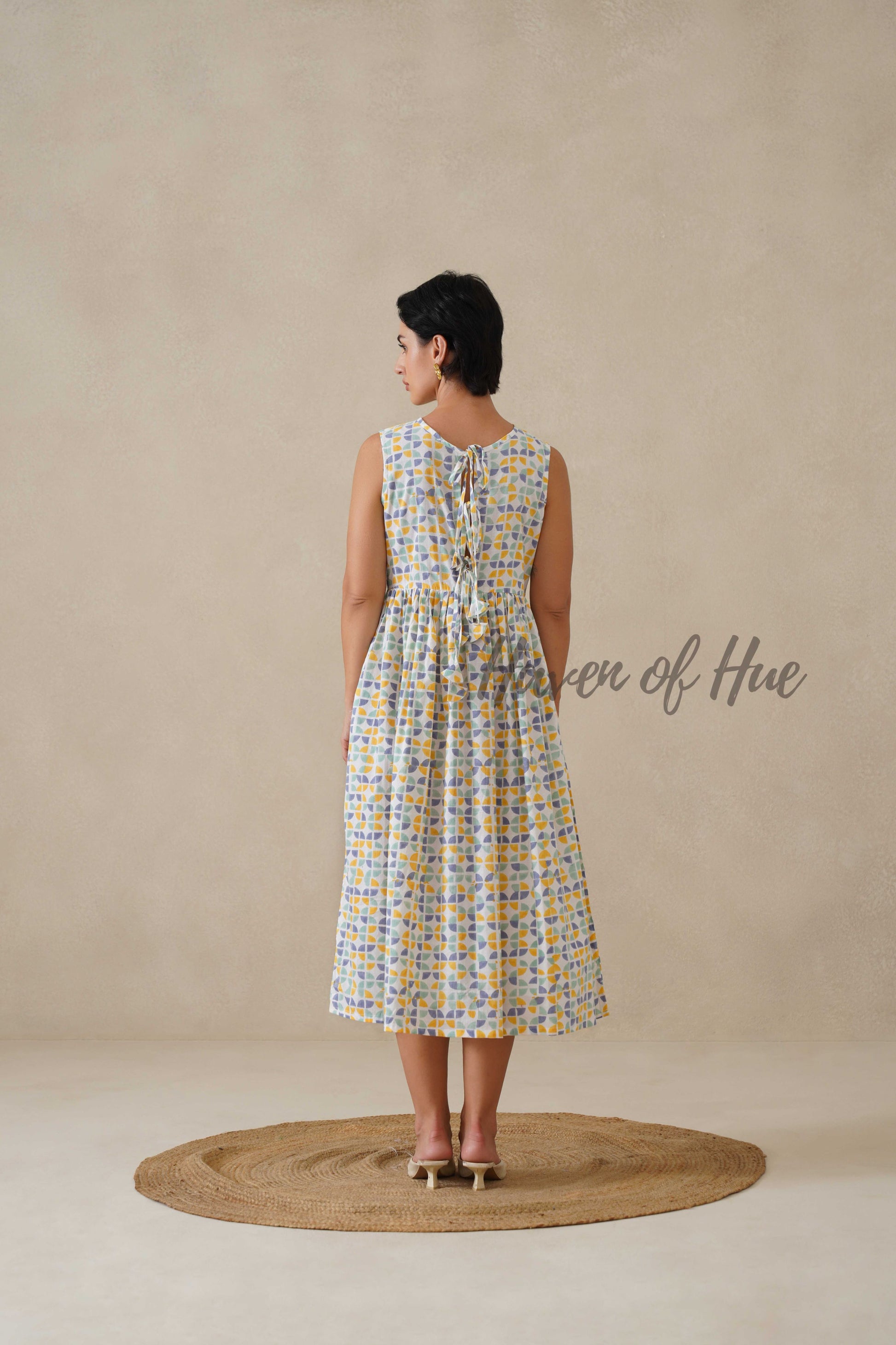 Geometric Pastel Cotton Dress | Sleeveless Boat Neck Midi Dress | Abstract Multi-Color Printed A-Line Summer Sundress
