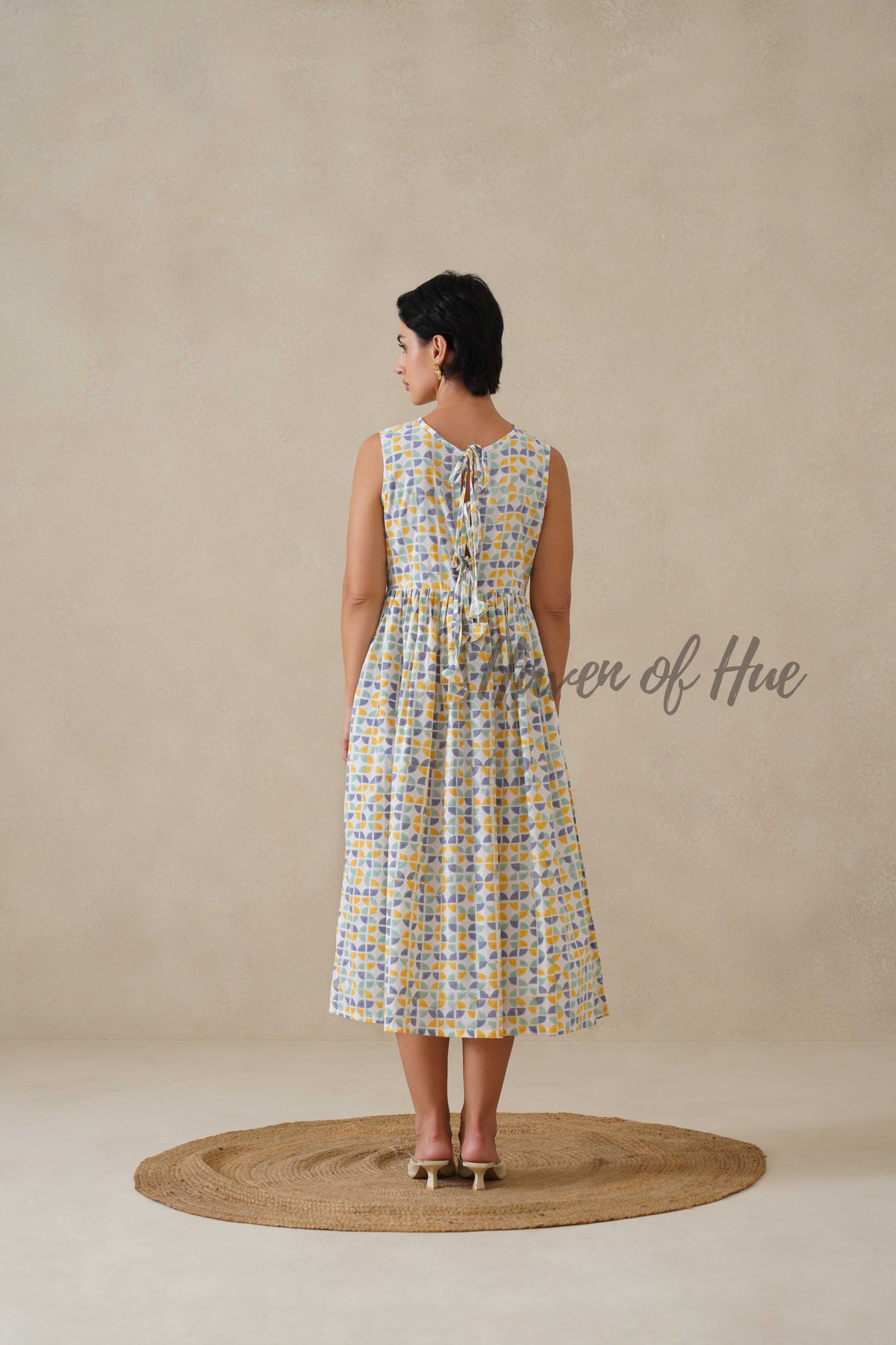 Geometric Pastel Cotton Dress | Sleeveless Boat Neck Midi Dress | Abstract Multi-Color Printed A-Line Summer Sundress