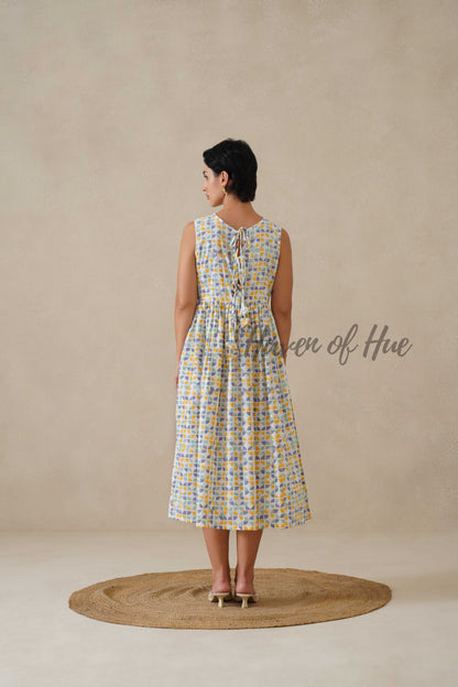 Geometric Pastel Cotton Dress | Sleeveless Boat Neck Midi Dress | Abstract Multi-Color Printed A-Line Summer Sundress