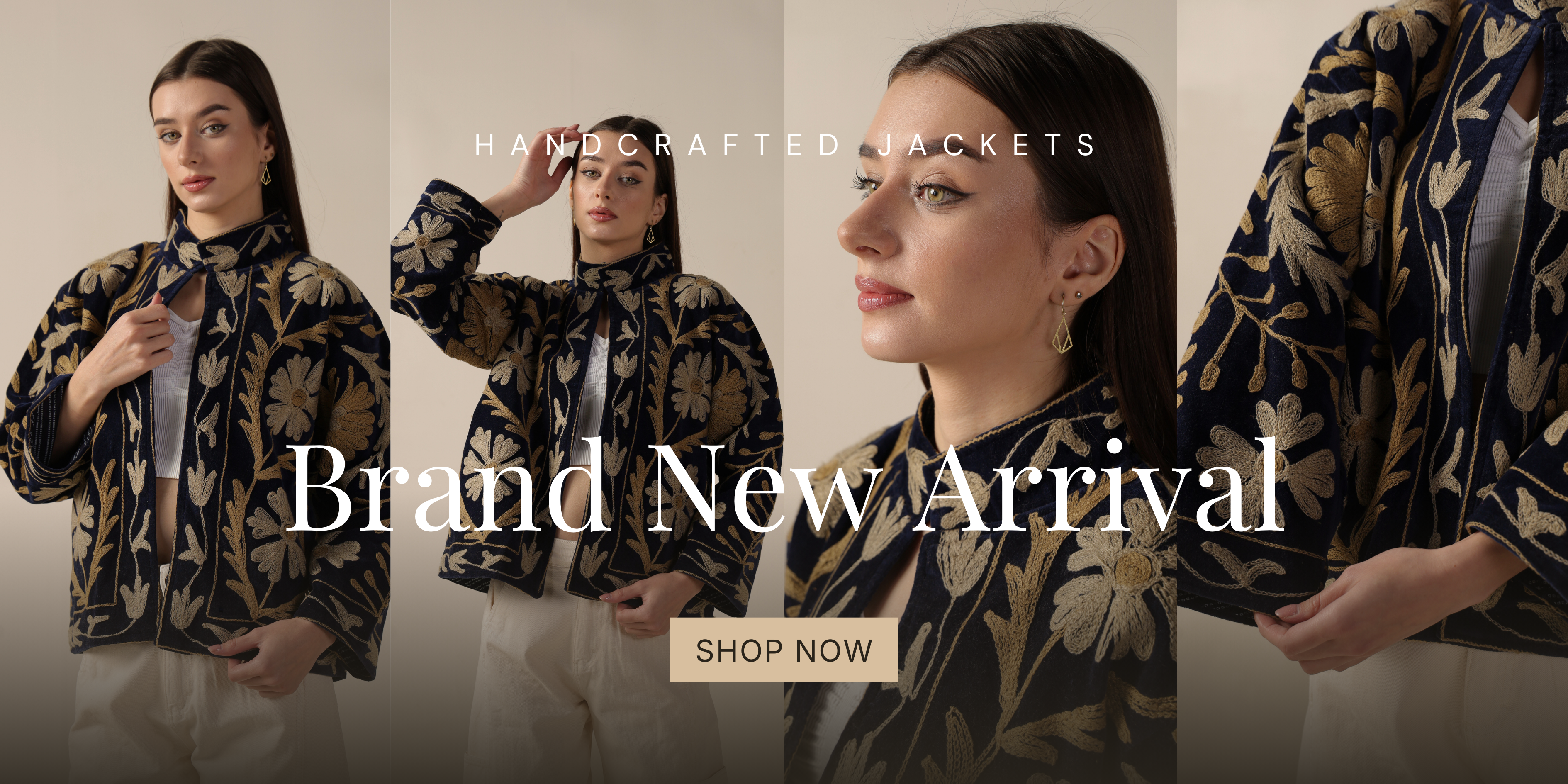 Woman wearing a handcrafted jacket with promotional text for a brand new arrival.
