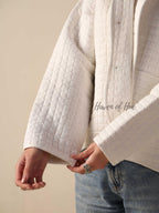 Women's Lightweight White Cotton Embroidered Casual Open Front Jacket